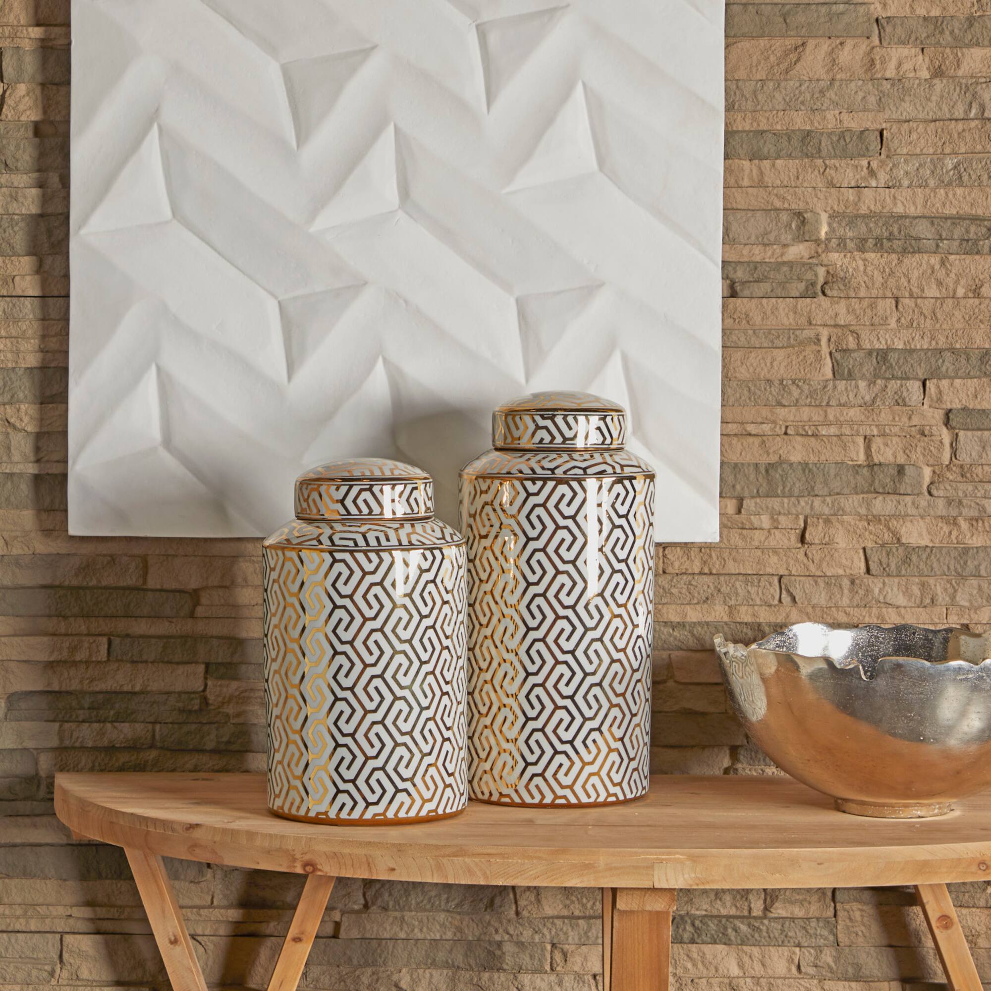 12" Gold Ceramic Geometric Decorative Jars with Gold Accents Set